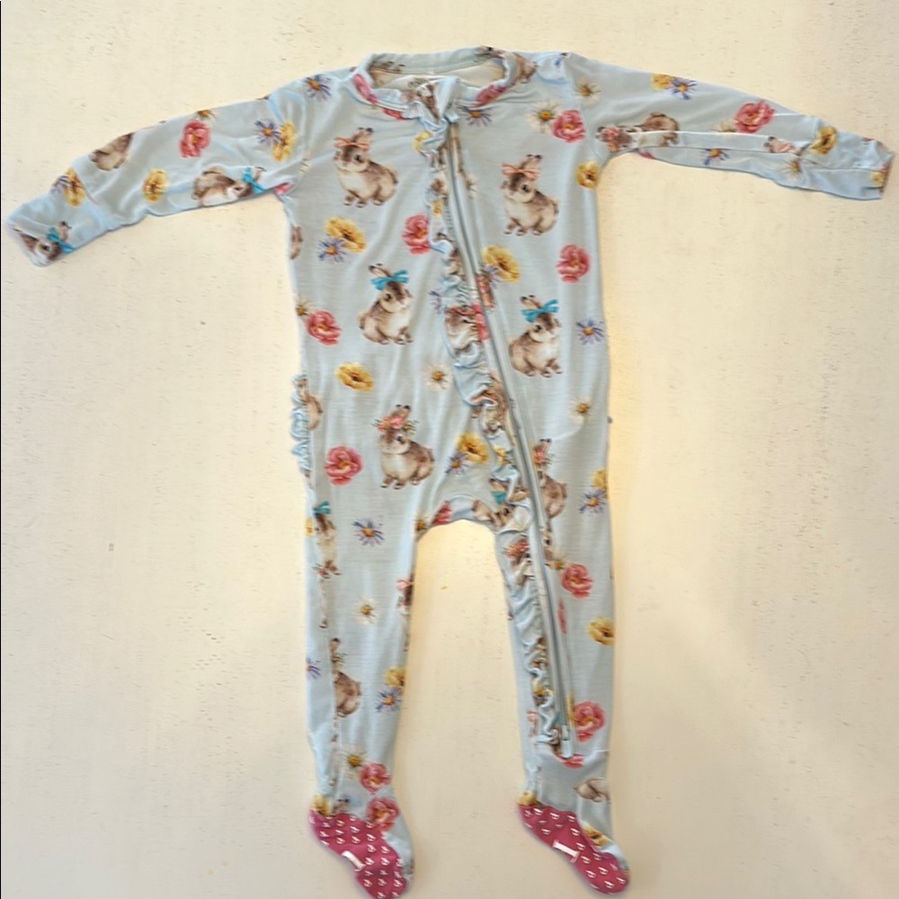 Posh Peanut Baby One Piece Footed Pajamas with Bunnies and Ruffles Size 3-6 Mths